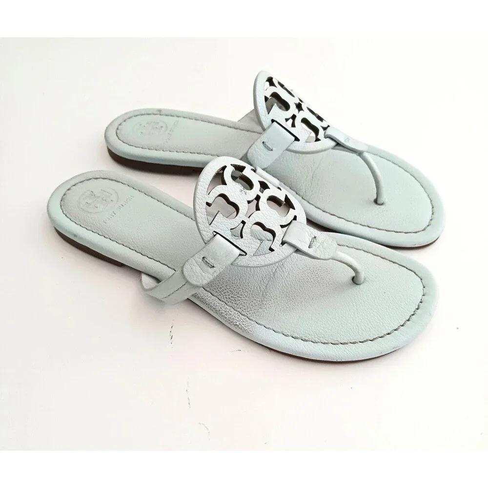 Tory Burch Miller Thong Sandal Ice Blue Pebbled Leather 7.5M w Dustbag